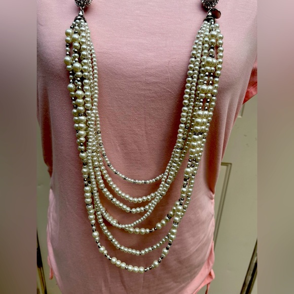 White House Black Market, 7 Layer Convertible Pearl, Silver, Necklace - Picture 3 of 5